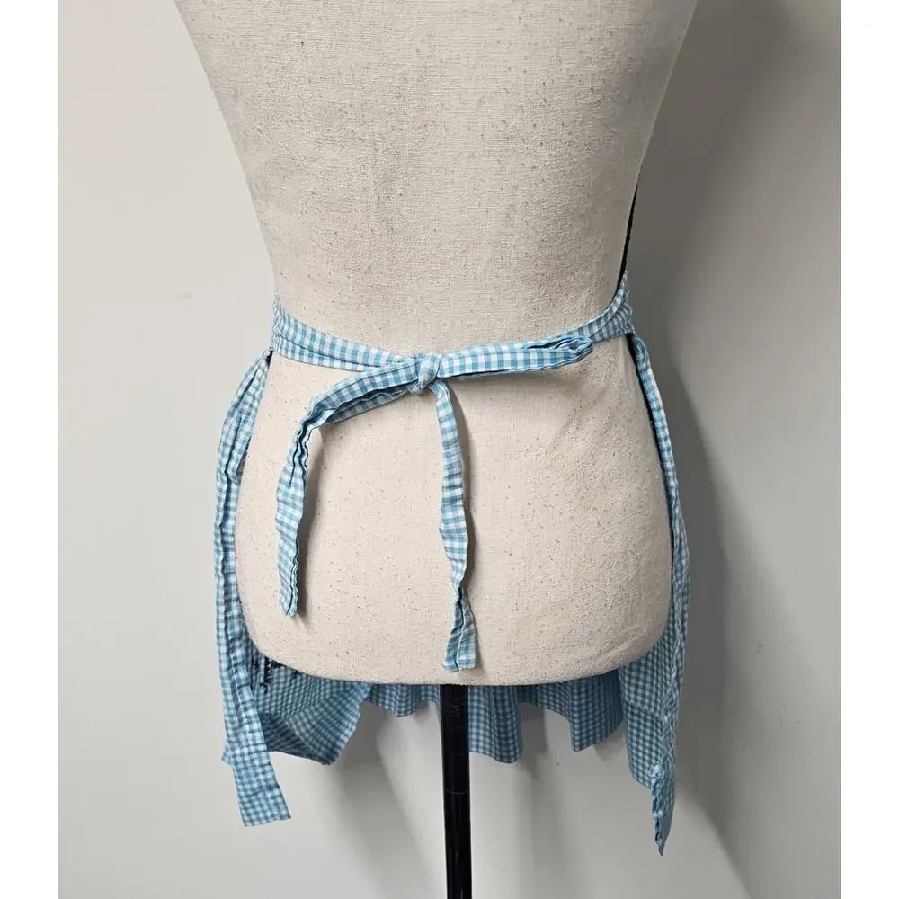 Vtg 50s Half Apron Gingham Plaid Blue Embroidered AM Cross Stitch Cottagecore